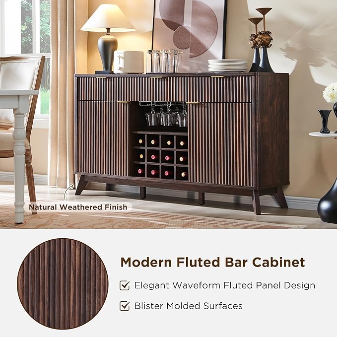 OKD Fluted Wine Bar Cabinet 60 Wide Modern Buffet Sideboard with Ample Storage - 2 Side Cabinets 3 Drawers 4 Glass Holders &amp 12 Wine Racks Coffee Bar Cabinet for Kitchen Dining Room Dark Wa