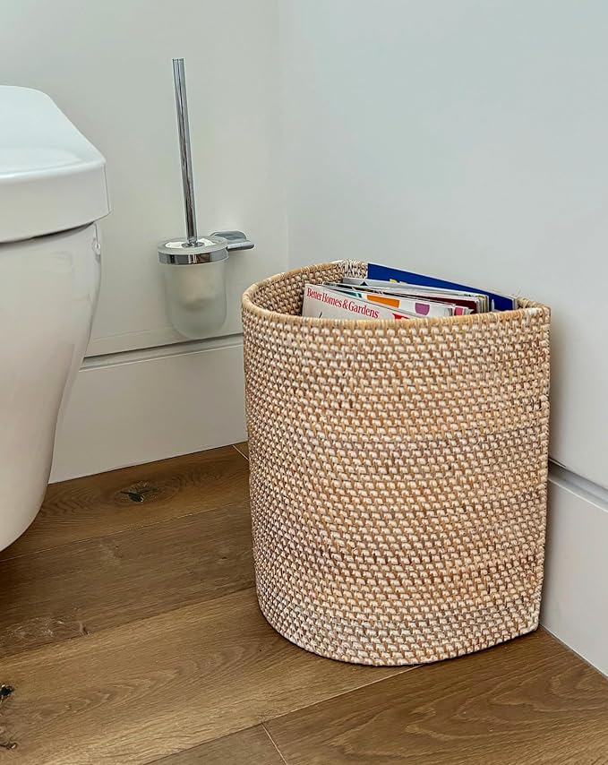 KOUBOO Laguna Half-Moon Rattan Waste Basket – Decorative Trash Can for Bathroom Bedroom Kitchen &amp Office – Boho Home Decor Small Wicker Basket for Trash Storage Off-White/Latte