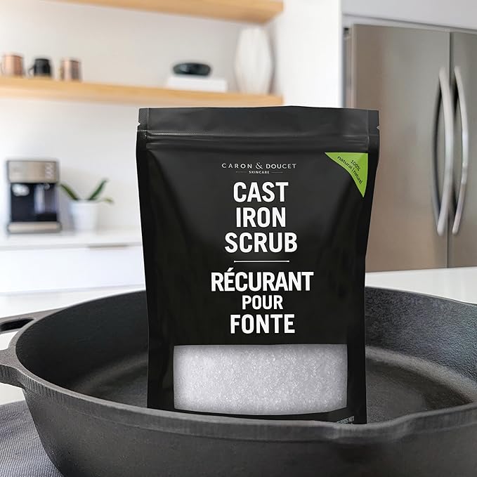 CARON &amp DOUCET - Cast Iron Care Seasoning Bundle - CastIron Oil &amp Cast Iron Scrub - 100% Plant Based Formulation - Helps Maintain Seasoning on All Cookware (8 fl oz &amp 1 lb)