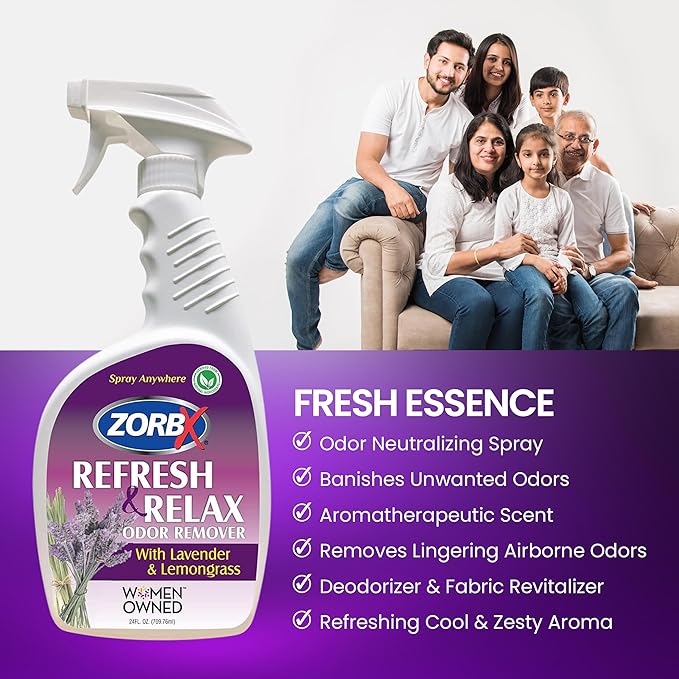 ZORBX Lavender &amp Lemongrass Spray 24 Oz - All-Purpose Deodorizer Refreshes Fabric Removes Strong Odors Perfect for Home Car Gym Laundry