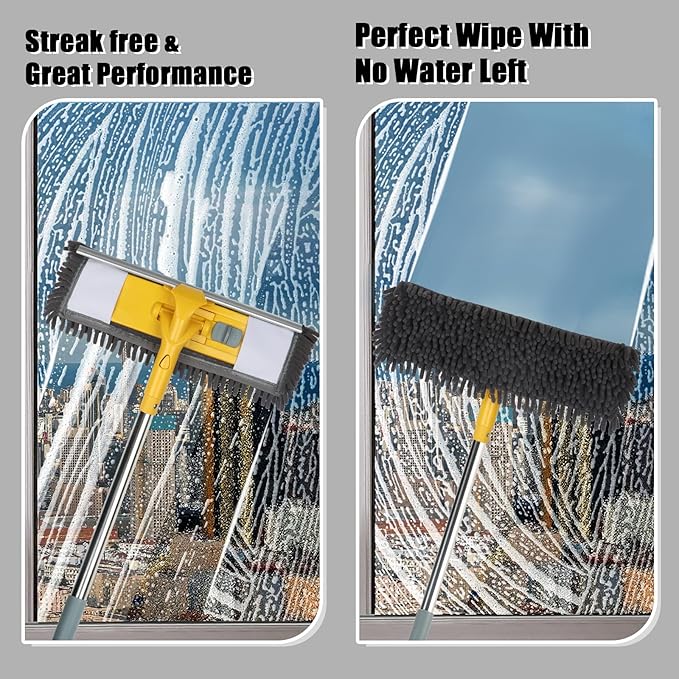 96 Long Handle Window Wall Cleaner Tool with Extension Pole2 in 1 Large Window Squeegee with Cleaning Mop Tools Kit for Window/Wall/Baseboard/Floors Clean/Solar Panel Washer
