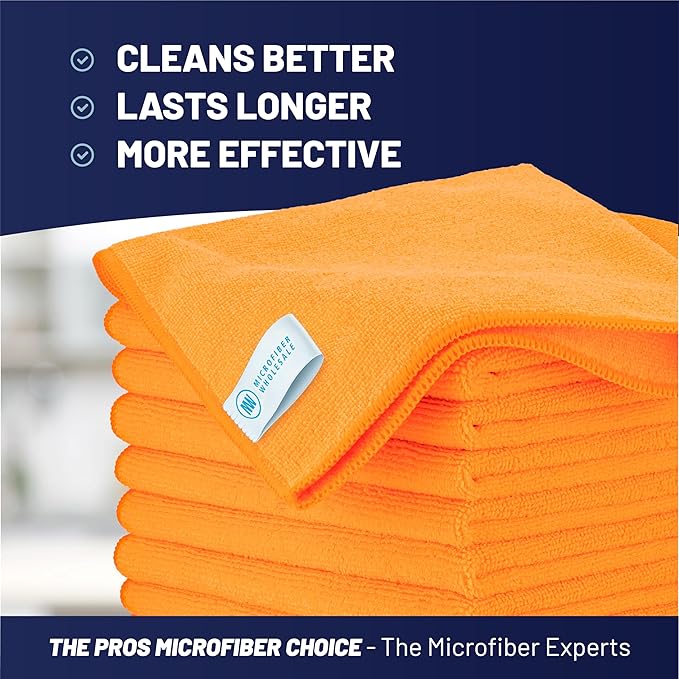 MW Pro Microfiber Cleaning Cloth | Orange | 12 Pack | 16” x 16” | All Purpose Microfiber Towels - Clean Dust Polish Scrub Absorbent