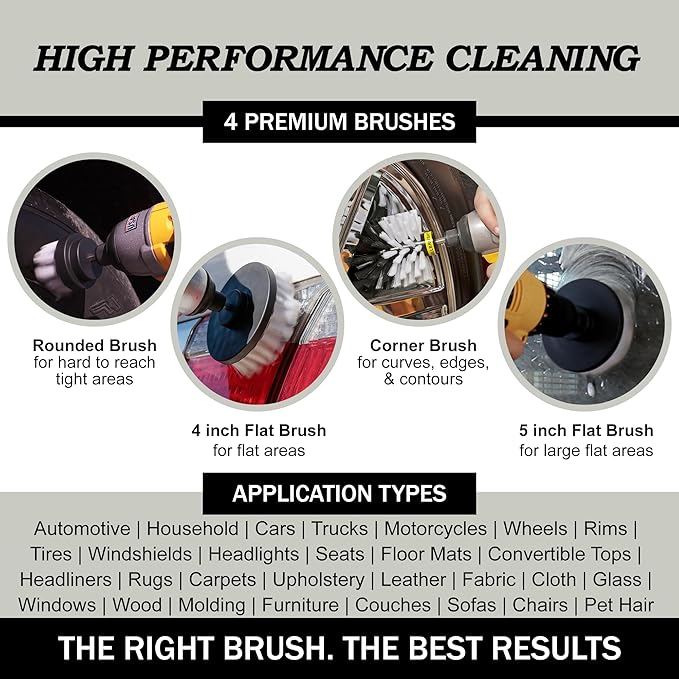 Interior Car Detailing Drill Brush Set - Soft Bristle Power Scrubber Attachments for Cleaning Car Truck Upholstery Carpet Leather Seats Wheels Rims Dash Console &amp Trim - Nylon Auto Scrub