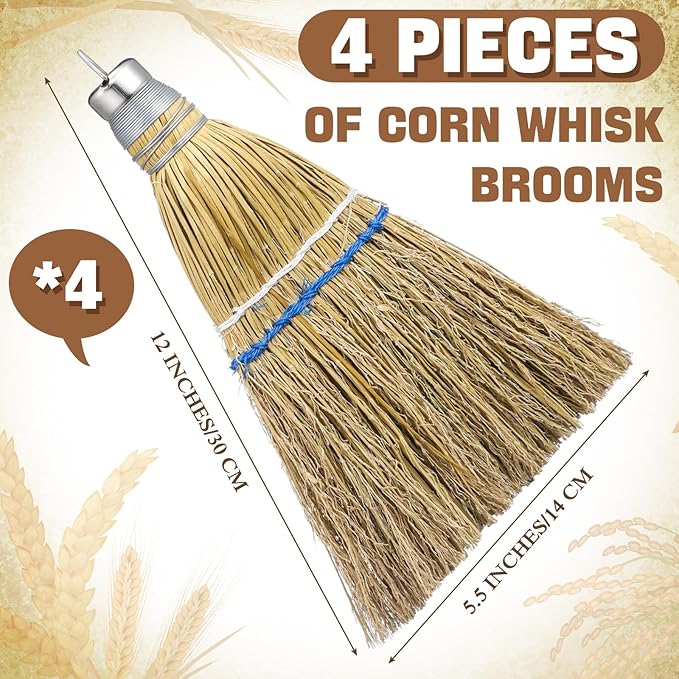 Suclain 4 Pcs 12 Inch Whisk Broom Hand Held Mini Corn Straw Whisk Broom Short Handle with Metal Hanger Halloween for Multi Surface Sweeping Small Hand Brush for Outdoor Car Porch Debris Dust Dirt