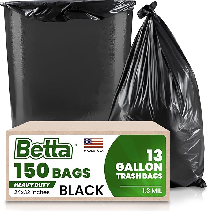 Betta 13 Gallon Black Trash Bags 150 Count Box (24x32-inch) Commercial Heavy-Duty Garbage Can Liners for 10-13 Gallon Round Cans 8-12 Gallon Slim and Square Cans