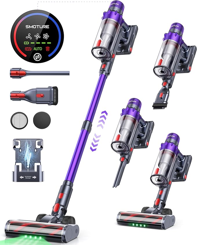 Cordless Vacuum Cleaner 600W 50KPA 65 Mins Runtime Vacuum Cleaners for Home Stick Vacuum with Self-Standing Wall Mount Charging and Intelligent Auto Mode Handheld Vacuum for Pet Hair/Carpet/Floor
