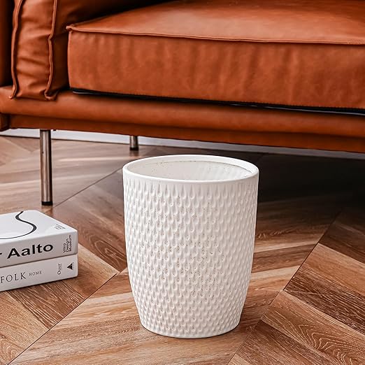 White Ceramic Trash Can - Small Trash Can Wastebasket for Bathroom Kitchen Office &amp Home Decor - Ceramic Round Garbage Container Basket Bin (2.5 Gallon)