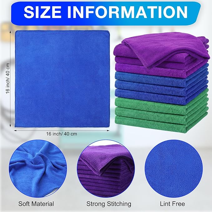 Nuenen Cleaning Cloths for Cars 16 x 16 Inch Ultra Absorbent Towels Drying Microfiber Reusable Cleaning Supplies House Kitchen Window Microfiber Towel (PurpleBlueGreen60 Pcs)