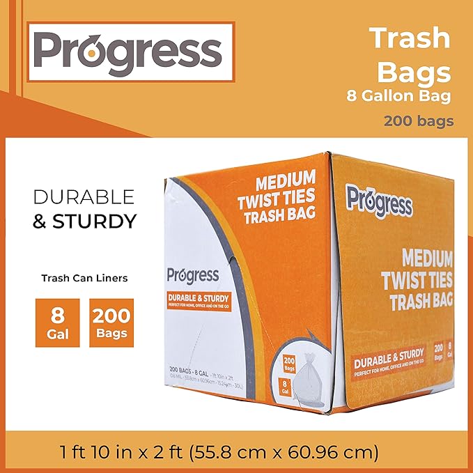 Progress Trash Bags – 8 Gallon Twist Tie Portable Garbage Bags Can Liners for Kitchen Bedroom Bathroom Office Car | Waste Disposal Supplies (200 Count)