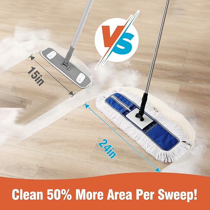 24 Heavy-Duty Commercial Dust Mop for Hardwood Floors &amp Large Areas - with 2 Microfiber Pads Reinforced Telescoping Handle for Stable Cleaning in Homes Garages &amp Commercial Spaces