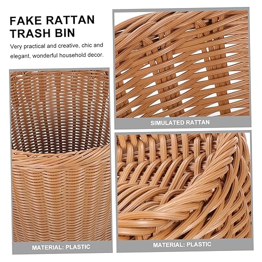 Rust-Resistant Iron Trash Can Woven Rattan Imitation Wastebasket Decorative Round Waste Bin for Office Home and Bedroom Handcrafted Design No Lid