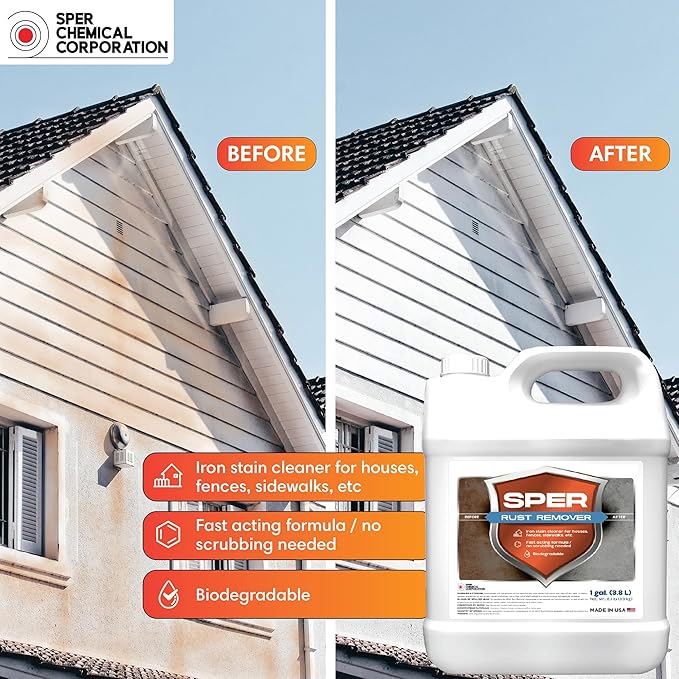 SPER Rust Remover – NEW &amp IMPROVED FORMULA – 3X Concentrate – Rust Stain Remover for Concrete Houses Fences Metal &amp More – Professional Grade Fast-Acting No Scrubbing Biodegradable