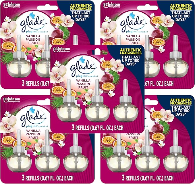 Glade PlugIns Refills Air Freshener Scented and Essential Oils for Home and Bathroom Vanilla Passion Fruit 2.01 Fl Oz 5 Pack