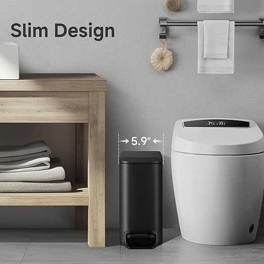 TIPGO Slim Bathroom Trash Can with Lid Soft Close Step Pedal 6 Liter / 1.6 Gallon Stainless Steel Trash Bin Small Garbage Cans for Bedroom Office Kitchen (Matte Black)
