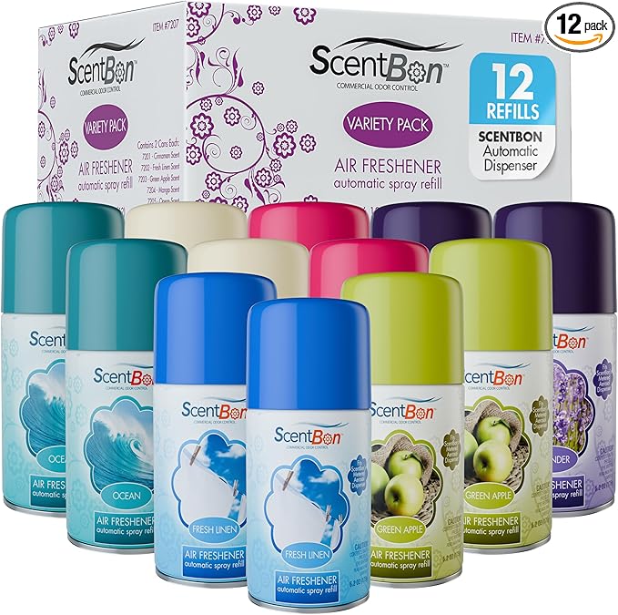 ScentBon 7207 Air Freshener Refill Metered Aerosol Can Cinnamon Fresh Linen Green Apple Mango Ocean Vanilla Pack of 12