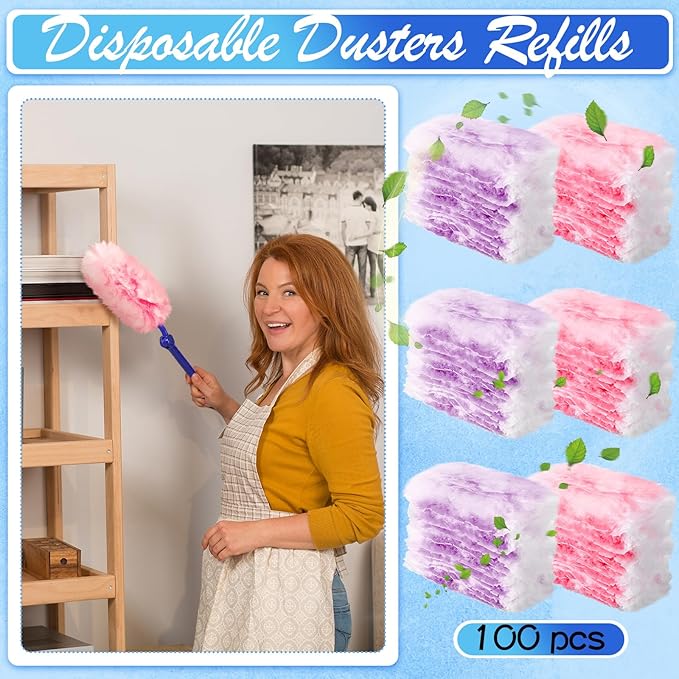 Vesici 100 Pcs Duster Refills Compatible with Swiffer Dusters Bulk Disposable Replacement Thickened with 1 Handle Heavy Duty for Cleaning Office (Purple and Pink)