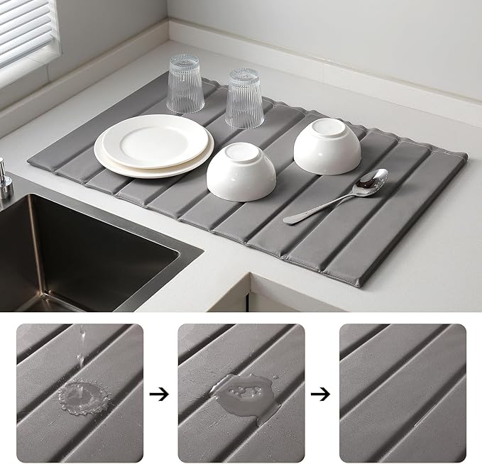 Stone Dish Drying Mat with PU Leather Surface for Kitchen Counter Water-Absorbent Collapsible Roll up Quick Dry Non-Slip for Cups Dishes BottlesRemovable and washable(Medium Gray 23.6”x15.4”)