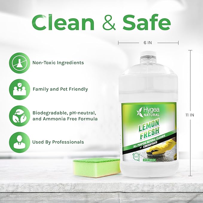 Hygea Natural Lemon Fresh Concentrated All Purpose Cleaner - Non Toxic - Removes Soil Dirt &amp Grease - Wet Gloss Finish - Biodegradable pH-Neutral &amp Ammonia Free (128oz Concentrated Gallon)