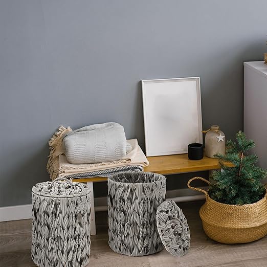 Ctosree 1.3 Gallons Small Trash Can with Lid Handle Boho Woven Braided Bathroom Waste Basket Trash Can with 100 Garbage Bags for Bedroom Office Laundry(GreyBraided PolypropyleneRound)