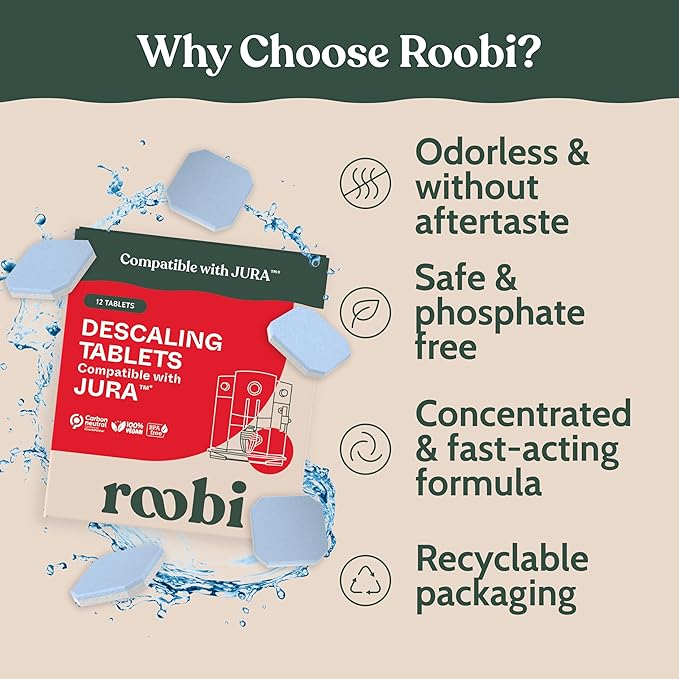Roobi Jura Compatible Descaling Tablets. 12 Jura Descaling Tablets for Automatic Espresso Coffee Machines. 100% Vegan Carbon Neutral.