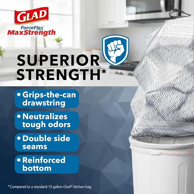 Glad ForceFlex MaxStrength Kitchen Drawstring Bags with Lemon Fresh Bleach Scent 13 Gal 90 Bags