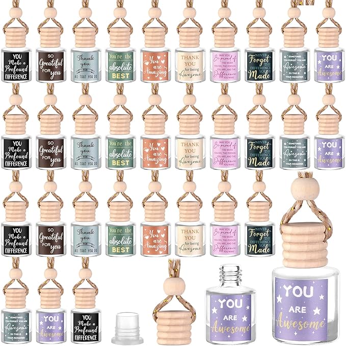 50 Set Employee Appreciation Car Air Freshener Diffuser Gift Inspirational Hanging Car Empty Glass Essential Oil Bottle with DIY Sticker Thank You Gifts for Coworker Teachers Staff (Cylinder)