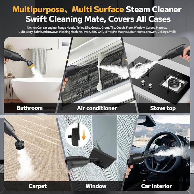 Pressurized Steam Cleaner 54oz Large Tank Portable Steamer for Cleaning with 15-Piece Kit 15s Fast Heat-Up 3-Level Control Handheld Steam Cleaner for Home Car Kitchen Tile Grout(black)