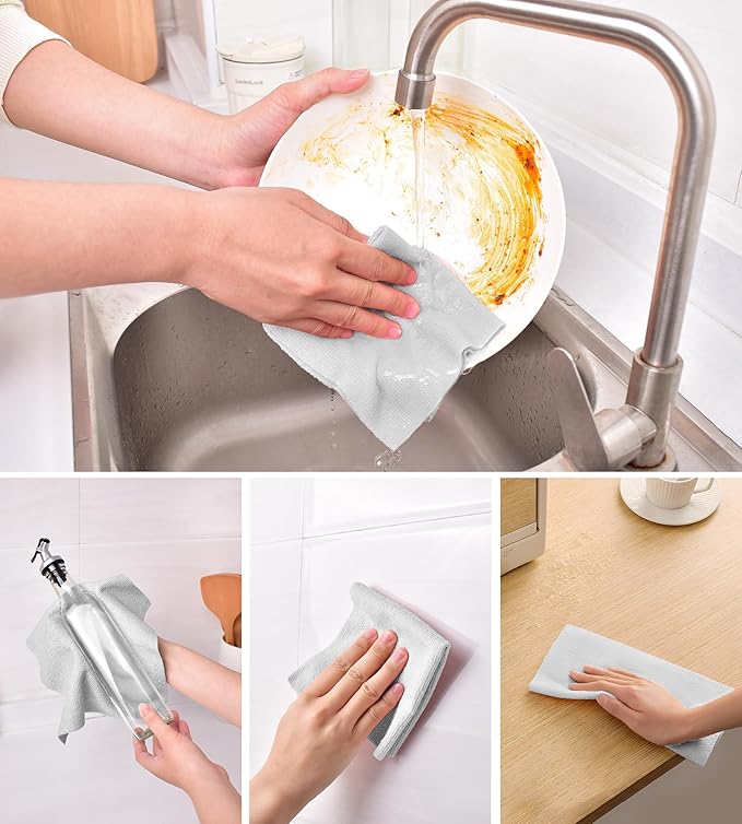 KitchLife Microfiber Cleaning Cloth Roll 100 Pack - Tear-Away Microfiber Paper Towels Lint-Free Reusable Washable for Kitchen Car Dishes and Sensitive Surfaces (Light Gray)