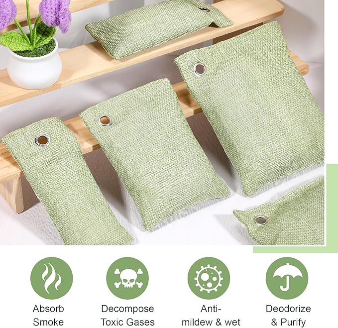 Nuanchu 24 Pcs Activated Charcoal Odor Absorber 50g/100g/200g Air Purifying Bamboo Charcoal Bags Natural Shoe Odor Absorber Deodorizer Absorbers for Fresh Car Home Closet Pet Basement Smell(Green)
