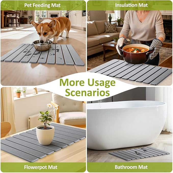 Large Stone Dish Drying Mat for Kitchen Counter 24(L)×16(W) Collapsible Quick Dry Stone Dish Mats Super Absorbent Diatomaceous Earth Drying Pad for Dishes Bottles Cups Countertops (Light Grey)