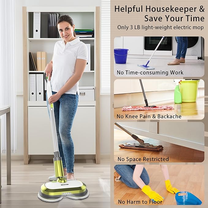 VMAI Cordless Electric Mop with Water Spray &amp Detachable Battery Rechargeable Floor Spin Mop &amp Scrubber with LED Headlights Washable Pads Lightweight for Hardwood Tile Marble Floor Cleaning