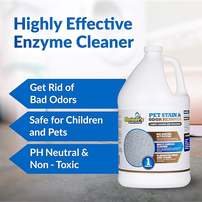 Sheiner's Pet Urine Enzyme Cleaner &amp Pet Stain &amp Odor Remover Advanced Enzymatic Cleaner Solution for Carpets Rugs Upholstery &amp Multi-Surfaces Safe for Pets &amp Kids. (128 oz)