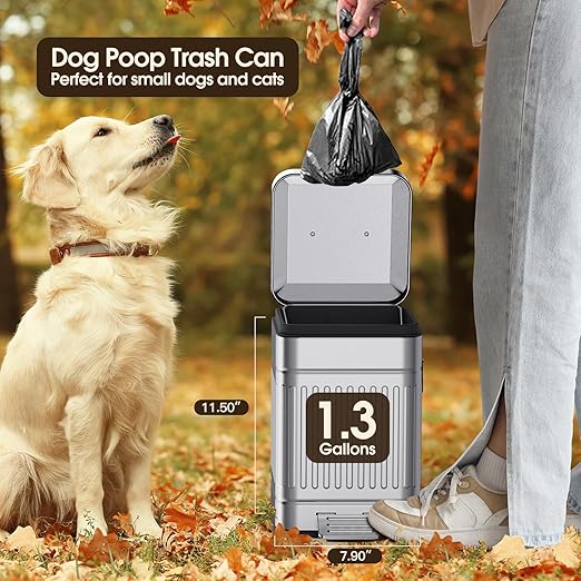 CEROELDA Small Trash Can with Lid-5L/1.3 GalOutdoor Dog Poop Garbage Can-Farmhouse Retro Metal Waste Bin w/Step Pedal for Bathroom Bedroom Office-Soft Close-Galvanized Steel…