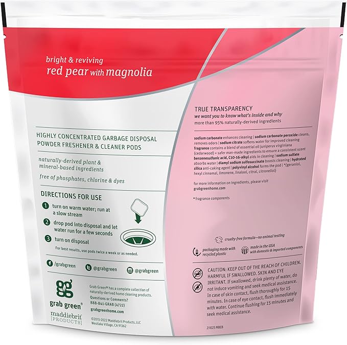 Grab Green Naturally-Derived Mineral-Based Disposal Cleaner &amp Freshener Pods Red Pear with Magnolia 12 Pods (4-Pack)