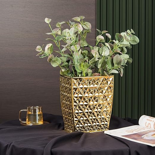 Ceramic Gold Square Garbage Can Kitchen Trash Cans - Wastebasket Garbage Container Bin for Bathroom Bedroom Kitchen Home Office and Kids Room Holds Waste
