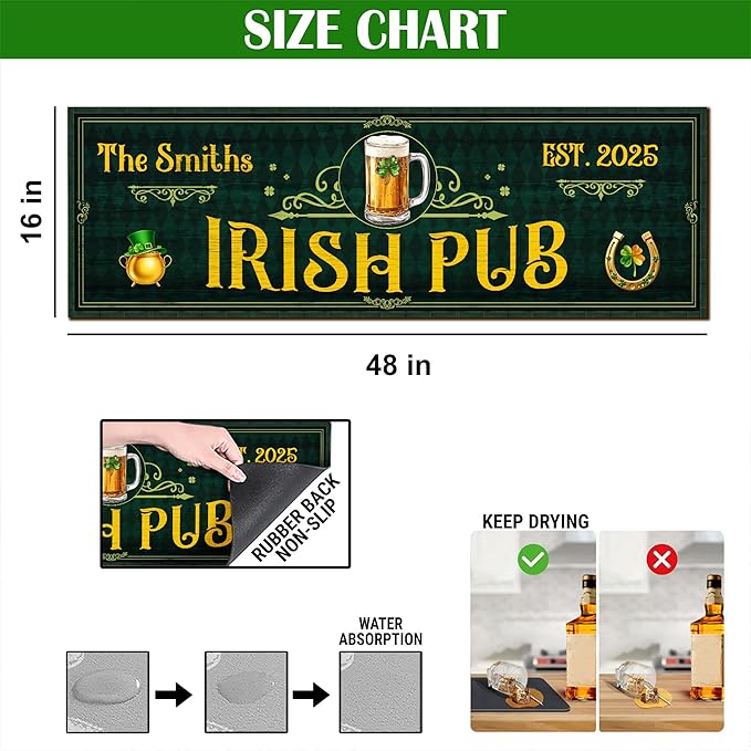 THUYPT Personalized Irish Drying Mat for St Patrick's Day Decor Irish Bar Pub Accessories Spill Mat Countertop Bar Shamrock Dish Drying Mat for Bar Counter Absorbent Coffee Maker (04)