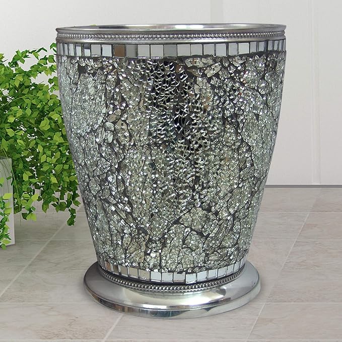 nu steel Iceberg Ice Collection Wastebasket Small Round Vintage Trash Can for Bathroom Bedroom Dorm College Office 8.5 x 8.5 x 10.4 Silver Mosaic Finish