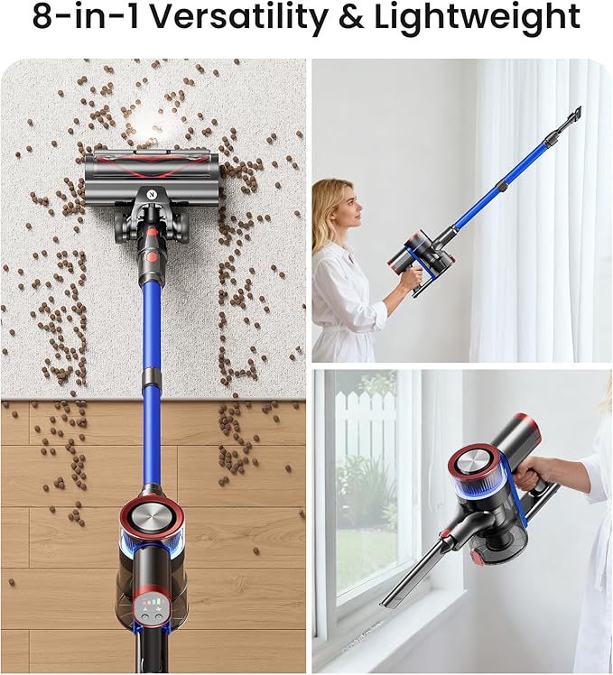 NADALY Cordless Vacuum Cleaner 550W 45Kpa 65Mins Vacuum Cleaners for Home Stick Vacuum with LED Display Anti-Tangle Self-Standing 8-in-1 Lightweight Vacuum for Hardwood Floor/Carpet/Pet Hair
