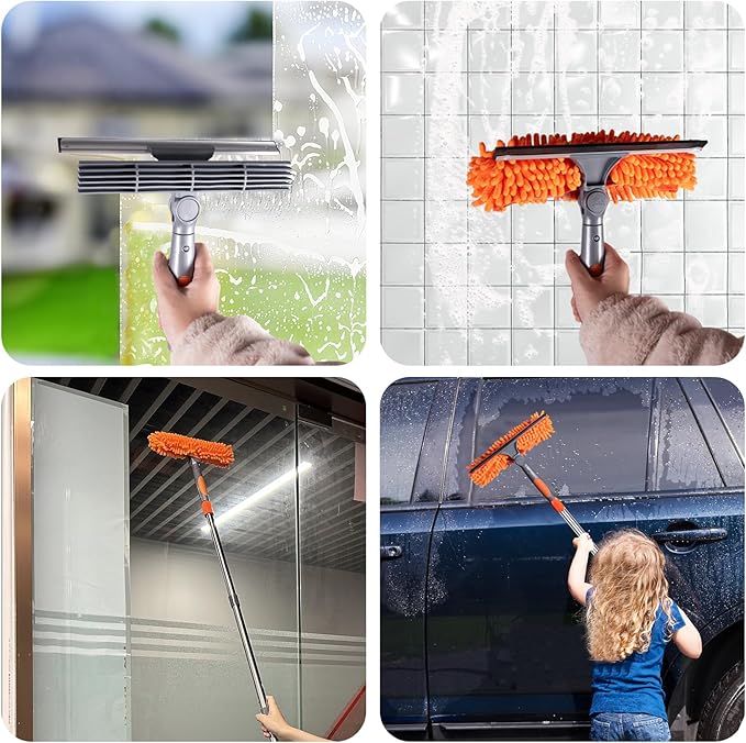 BITOPE 2 in 1 Squeegee for Window Cleaning ToolLong Handle Window Cleaner Tool with Stainless Steel Extension Pole for CarShower Glass Doors Outdoor High Window