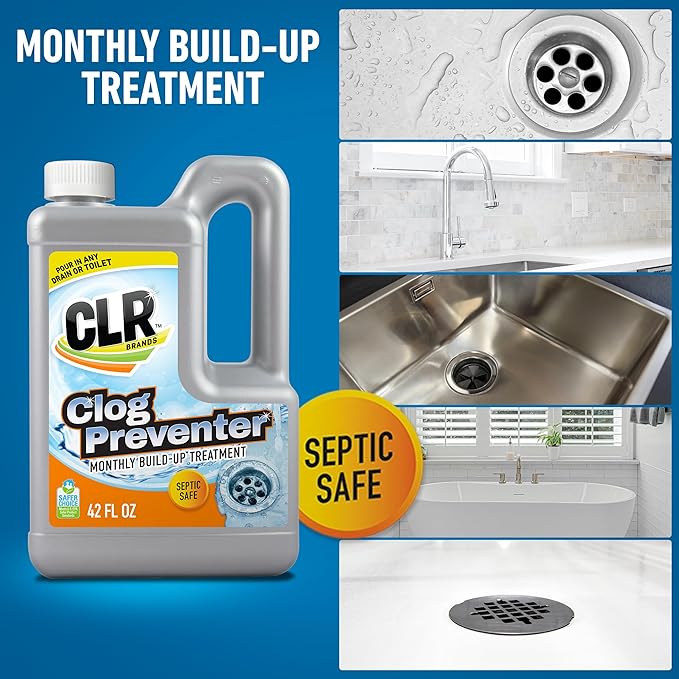 CLR Brands® Clog Preventer Clear Pipes and Drains Monthly Drain Build Up Remover Helps Degrade Sources of Clogs to Keep Drains Flowing Smoothly Safe on All Pipes and Drains - 80 Ounce Bottle