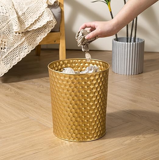Large Metal Trash Can Wastebasket Decorative Honeycomb Garbage Can Modern Farmhouse Round Bin for Bathroom Bedroom Kitchen and Office (Gold)