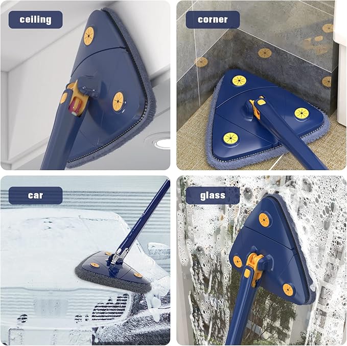 360° Rotatable Adjustable Cleaning Mop with 4 Replacement Pads-Extendable Triangle Shaped Microfiber Dust Mop with Long Handle for Wall CeilingHardwood Windows Floor Wall Tile Dust (Blue)