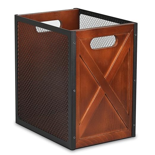 Rustic Office Trash Can - Rectangular Waste Basket with Iron Mesh 4.5 Gallon Wooden Garbage Can Bathroom Garbage Bin with Handles Decorative Trash Can for Home Office Bedroom