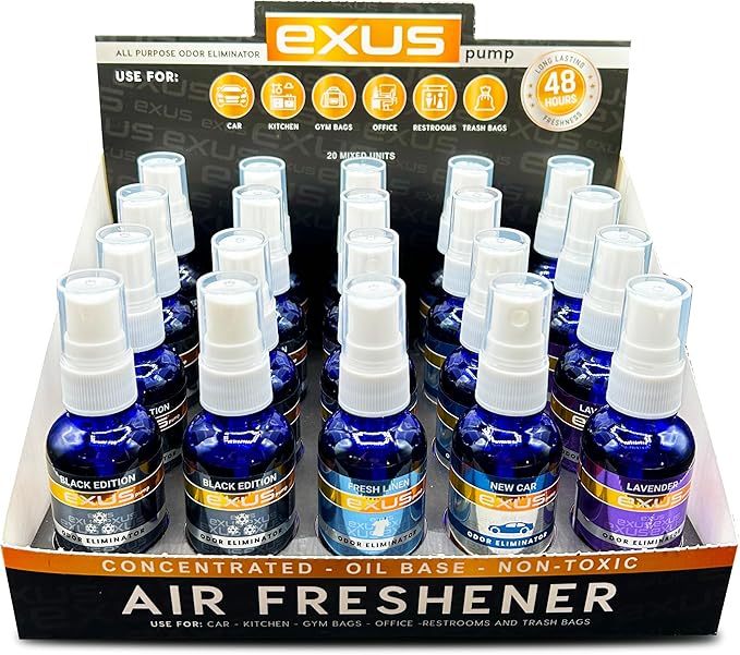 Exus Pump Spray Concentrated Oil Based Odor Eliminator &amp Air Freshener Use for house car bathrooms Kitchen office. Strong Air freshener Display Mix (20 Count)