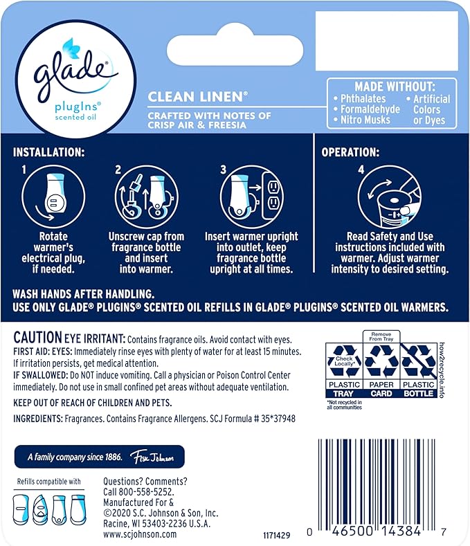 Glade PlugIns Air Freshener Starter KitScented and Essential Oils for Home and BathroomClean Linen4.02 Fl Oz2 Warmers-and 6 Refills(Pack of 2)