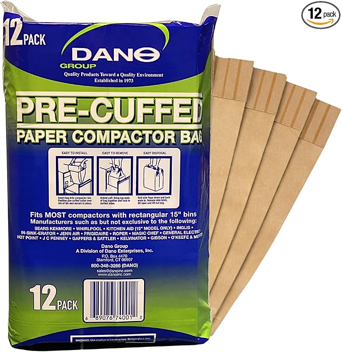 Dano Pre-Cuffed Paper Trash Compactor Bags (12 Pack) | Heavy Duty Kitchen Garbage Compactor Bags &amp Liners | 11 Gallon Precuffed Garbage Bag for Compactor | Eco-Friendly Trash Compactor Bag