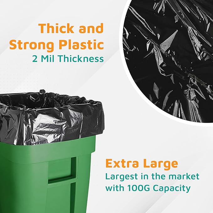 PlasticMill Heavy Duty Trash Bags - Black Garbage Bags - Plastic Trash Bags for Large Rolling Trash Bins - Tall Trash Bags - 100-Gallon Large Kitchen Trash Bags 2 Mil 67x79 (10-Count)
