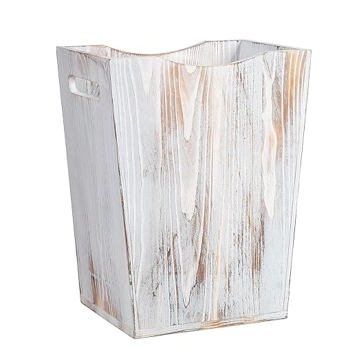 Farmhouse Style Wood wastebaskets Rustic Trash Can with Two Cutout Handles Waste Bin for BedroomLiving Room Bathroom &amp Office Kithen Garbage Container (Washed White)