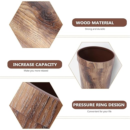 BESPORTBLE Vintage Wood Grain Trash Can Wastebasket 10L Plastic Garbage Can Container with 1 Roll Trash Bags for Bedroom Kitchen Living Room Home Use