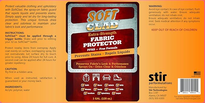 Extra Strength Fabric Protector Spray Prevents Stains and Repels Liquids. SoftClad Guards Furniture Shoes Carpet Upholstery Suede Leather Couch. Safe for Indoor Use. PFAS Free Formula. 1 Gallon